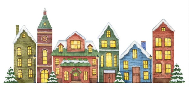 Winter vector illustration with houses isolated on white background