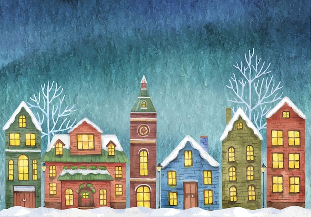 Winter vector illustration with houses on night sky background