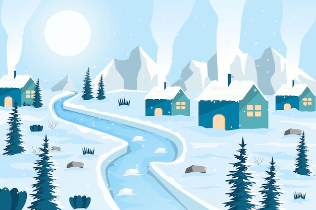 Winter village landscape illustration with mountains background