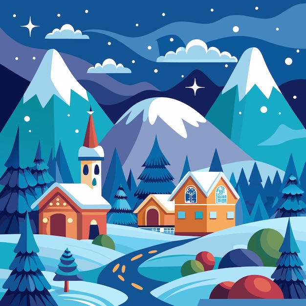 Vector winter village nestled in mountains under starry sky