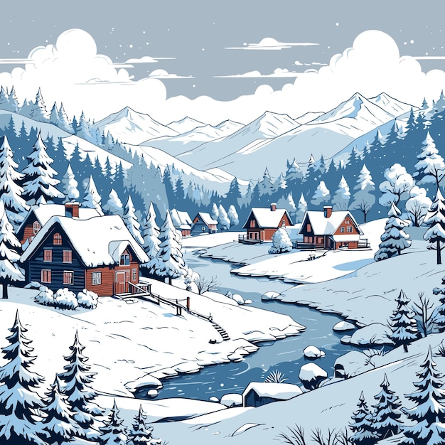 Vector winter village with cabins and river flowing through snowy landscape