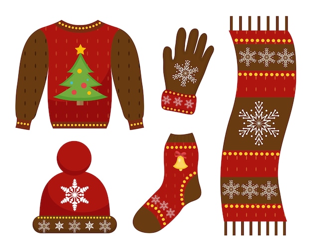 Vector winter warm clothes icon set, flat style. christmas clothing,apparel collection with patterns. hat, scarf, gloves, sweater. isolated on white background.  illustration.