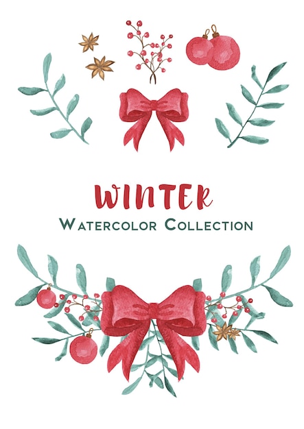 Winter watercolor collection with loop, leaves and baubles