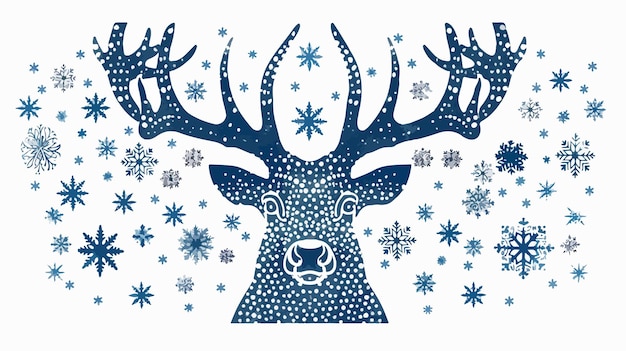 Vector winter white deer reindeer stag stencil drawing with snowflakes