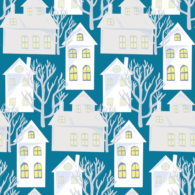 Winter white houses on a blue background Seamless christmas background For greeting cards wrapping papers