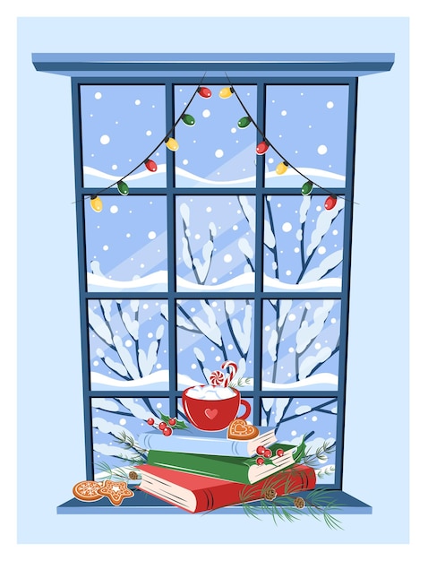 Winter window with landscape, books and drink with cookies on the sill.