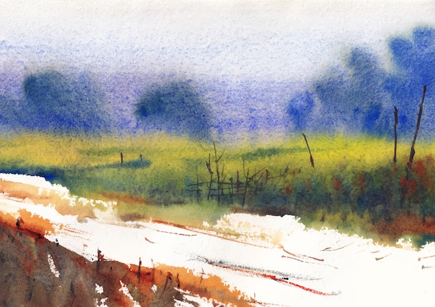 Winter with village nature watercolor paint