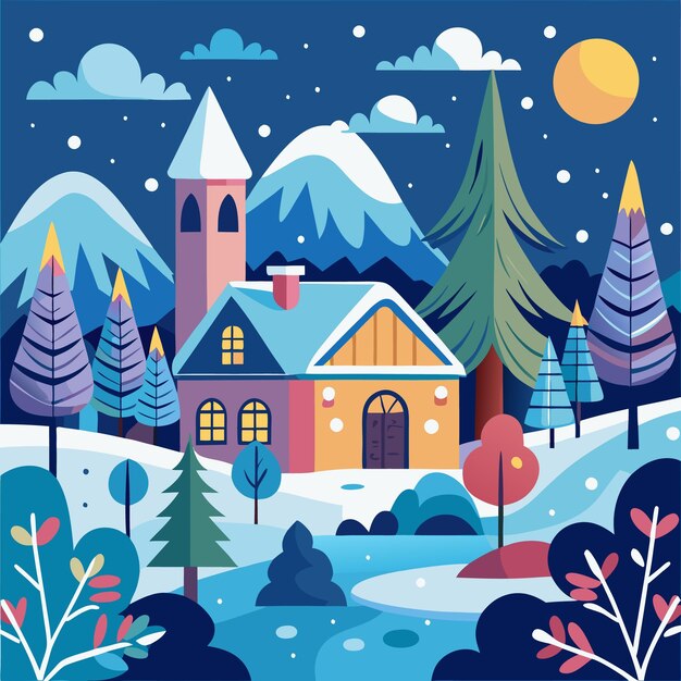 Vector winter wonderland cozy cottage with snowy mountains and a frozen lake