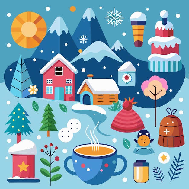 Vector winter wonderland cozy homes snowy peaks and festive cheer