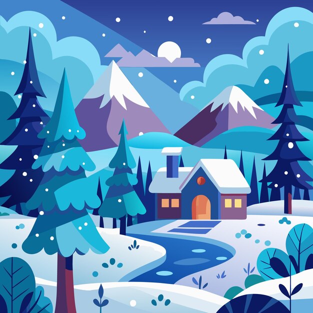 Vector winter wonderland snowy cabin mountains river