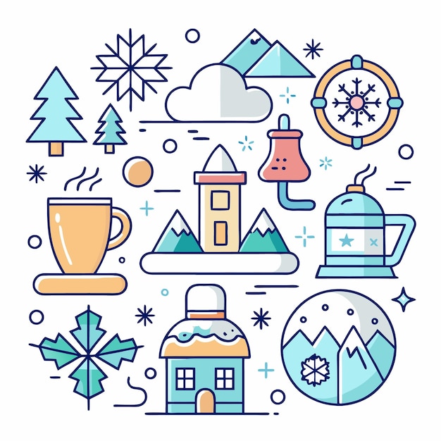 Winter wonderland with mountains house coffee and snowflakes