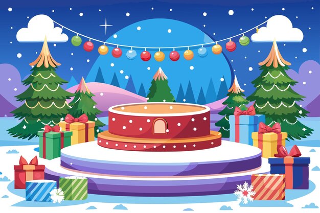 Vector winterthemed scene with gifts and a festive stage