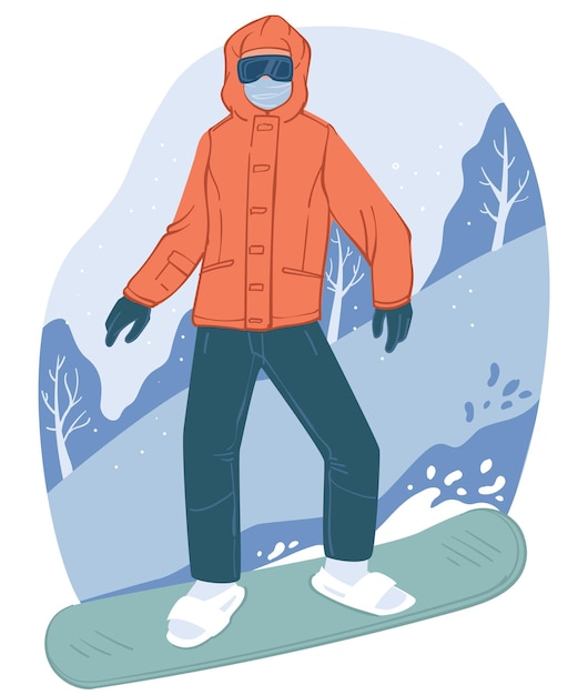 Wintertime active lifestyle and activities in resort. Snowboarder going down slope, extreme sports and relaxation, snowboarding hobby. People equipped with snowboard and clothes. Vector in flat style