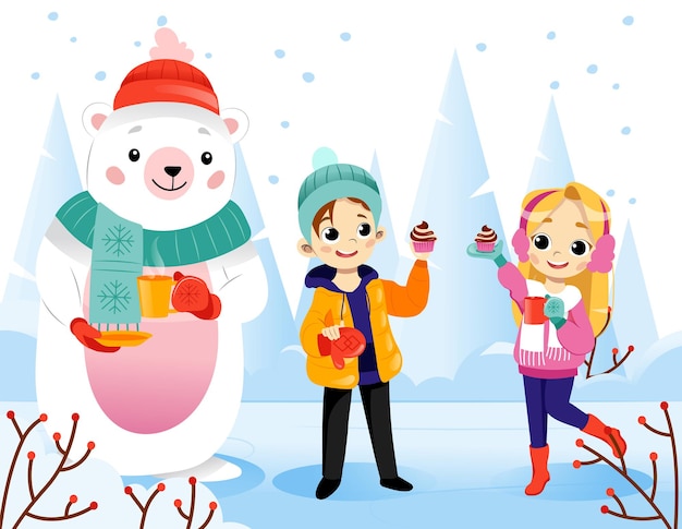 Wintertime Scene Vector Illustration In Cartoon Flat Style On Snowing Landscape Background. Colourful Gradient Characters Standing And Smiling. Happy Teenage Boy, Girl And Polar Bear In Warm Clothes.