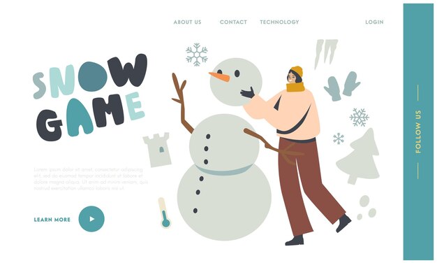 Wintertime Snow Game Landing Page Template. Young Woman Character Having Outdoors Fun Make Snowman at Winter Park. New Year and Christmas Holidays Spare Time Recreation. Linear Vector Illustration