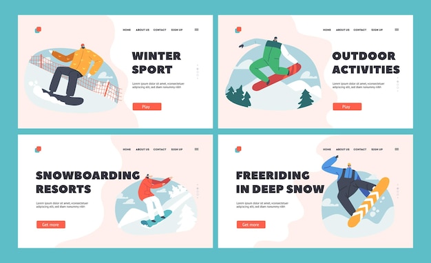 Wintertime Snowboarding Sport Activities Landing Page Template Set Men and Women in Sportive Costume Making Jumping Stunt with Snowboard Training on Ski Resort Cartoon Vector Illustration