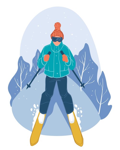 Wintertime sports and outdoors activities, isolated personage going down slope in winter. Skiing in mountains. Active lifestyle and leisure in season. Holidays and rest. Vector in flat style