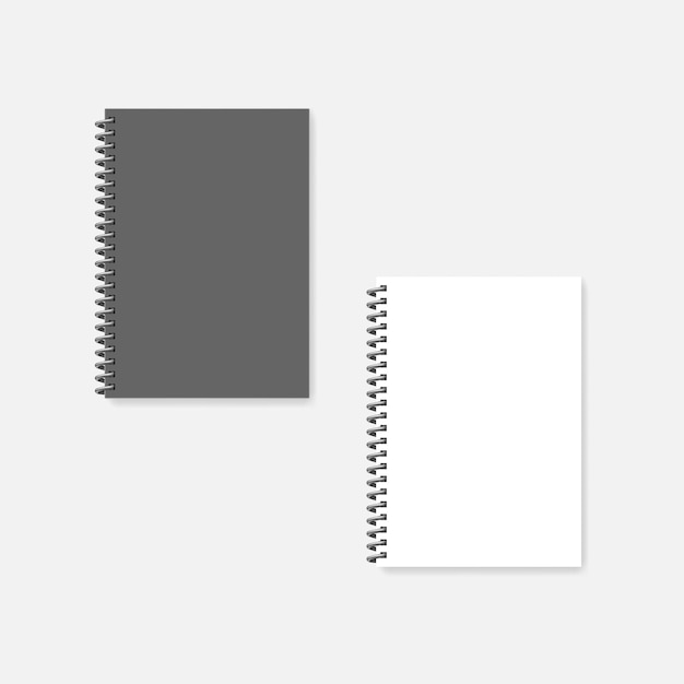 Vector wire bound blank a4 notebook mock-up. spiral diary gray cover and white page mockup