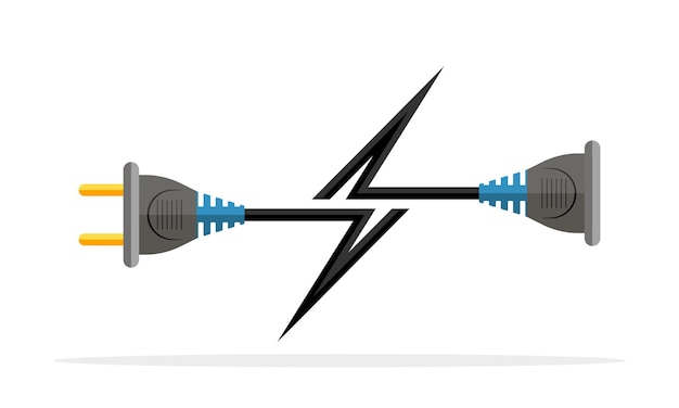 Wire plug and socket icon. Plug, socket and cord in the form of lightning.