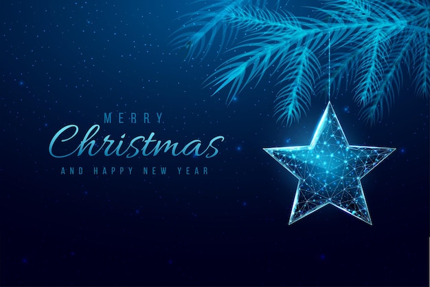 Wireframe Christmas star and Christmas tree branches low poly style New Year banner Abstract modern 3d vector illustration on blue background