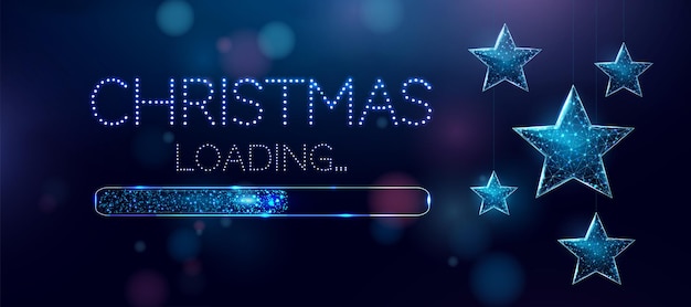 Wireframe Christmas stars and loading bar, low poly style. Merry Christmas and New Year banner. Abstract modern 3d vector illustration on blue background.