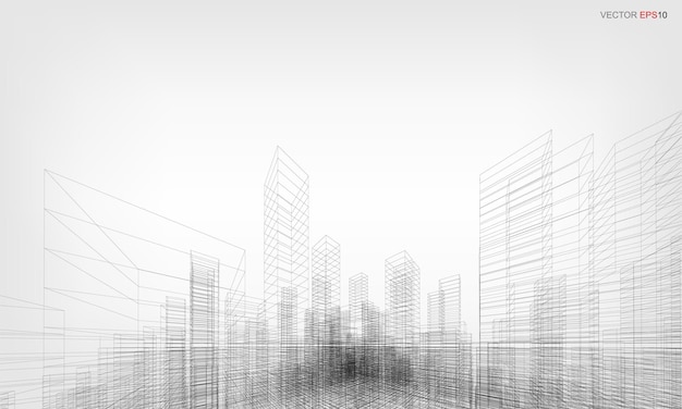 Vector wireframe city background. perspective 3d render of building wireframe. vector illustration.