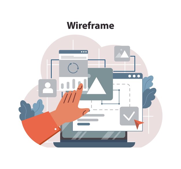 Vector wireframe development concept designers hand crafting a responsive website layout emphasizing