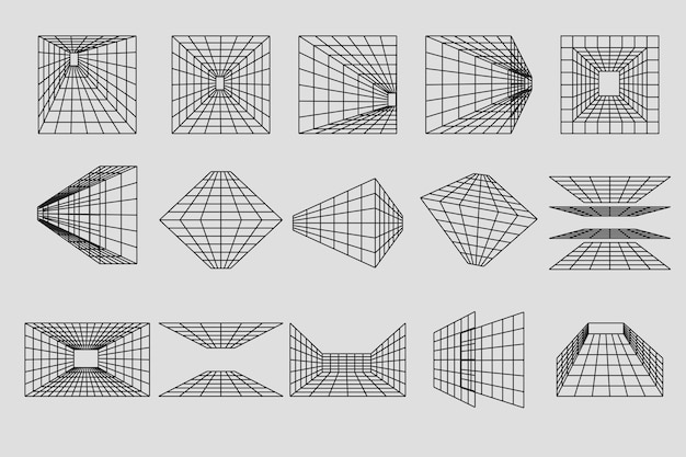 Wireframe geometric shapes in different phormes Abstract 3d grid design Universal trendy geometric