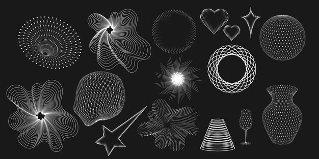 Wireframe geometric shapes and meshes on dark backgroundAbstract 3D patterns in trendy psychedelic