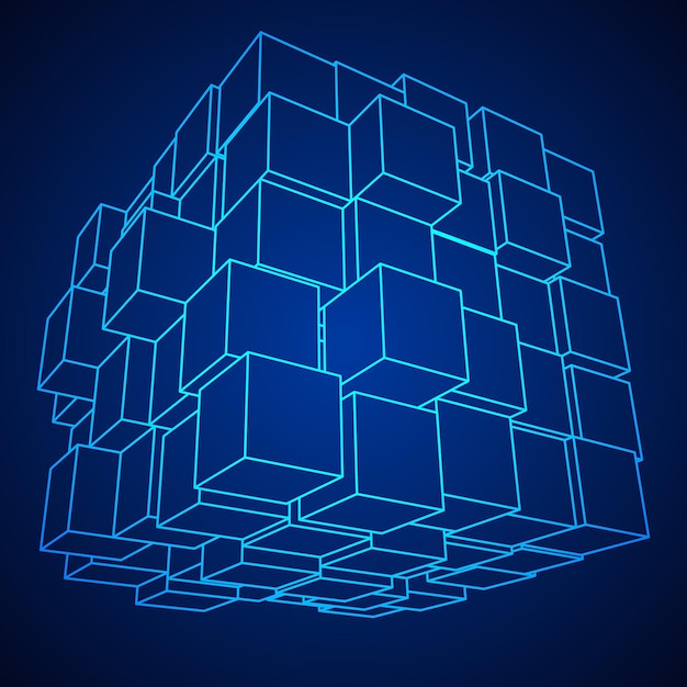 Wireframe mesh big data cube made of many cubes connection structure digital info visualization conc...