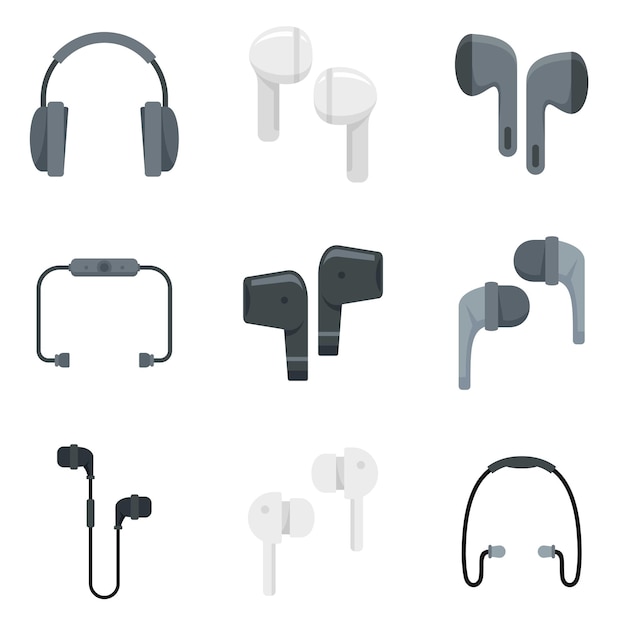 Wireless earbuds icons set. Flat set of wireless earbuds vector icons isolated on white background