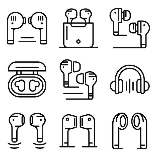 Wireless Earbuds icons set, outline style