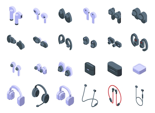 Wireless earphones icons set isometric vector Music audio case