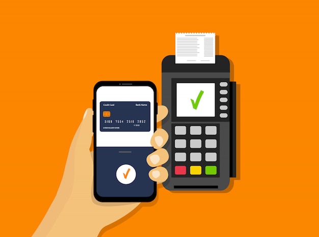 Wireless mobile payment. NFC payment. Pos terminal and smartphone in hand. Flat style.