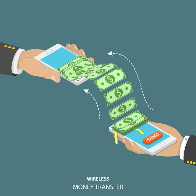 Wireless money transfer isometric vector illustration.