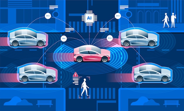 Vector wireless network of vehicle. road in the city with autonomous driverless cars and people walking on the street.