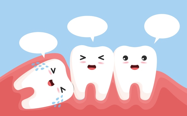 Wisdom tooth push other tooth. Impacted wisdom tooth character pushing adjacent teeth causing inflammation, toothache, gum pain.