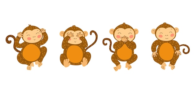 Wise monkeys Cute ape with hands covering mouth eyes and ears Blind deaf and mute monkey See hear and speak no evil cartoon vector illustration