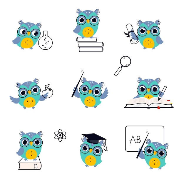 Wise Owl Wearing Glasses in Various Actions Set Cute Bird Teacher Cartoon Character Teaching at Lesson Vector Illustration