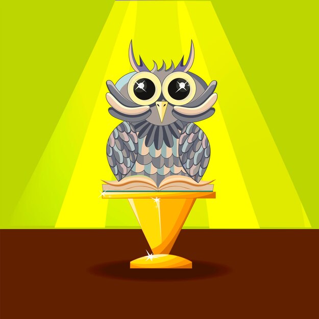 Wise owl with a book on the yellow background Statuette on a golden pedestal Reward Stock vector