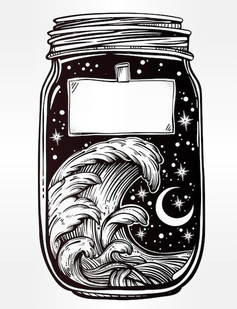 Wish jar with night sky moon and water waves