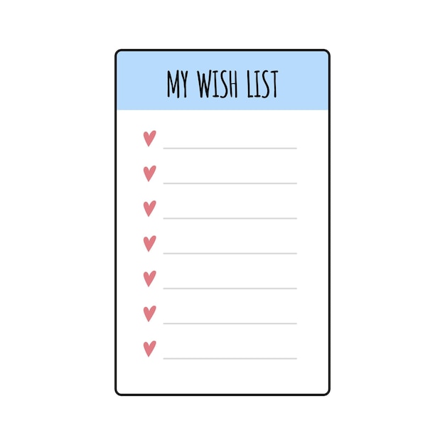 Wish list element for bullet journal. Page template with hearts. Wishlist. Vector illustration isolated on white background.