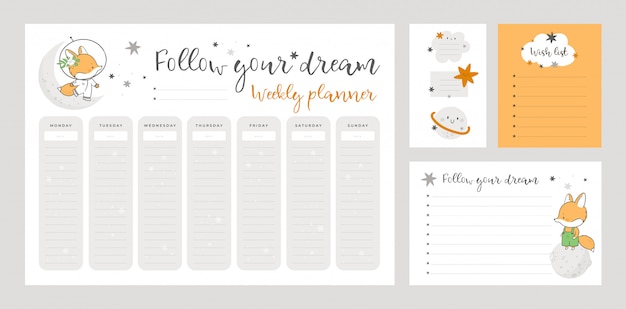 Wish list template, sticker book, weekly planner page with little fox in cartoon style