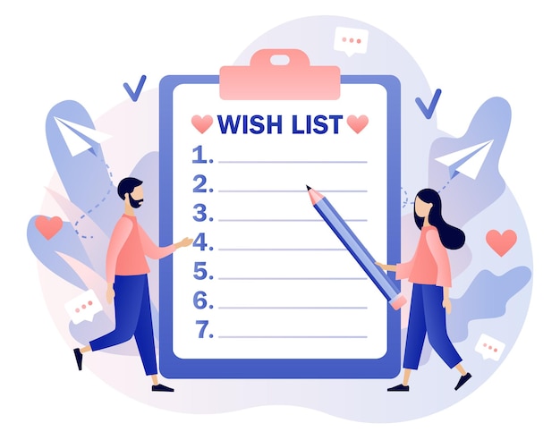 Wishlist concept Gift and shopping list Tiny people writing down wishes Personal favourites list