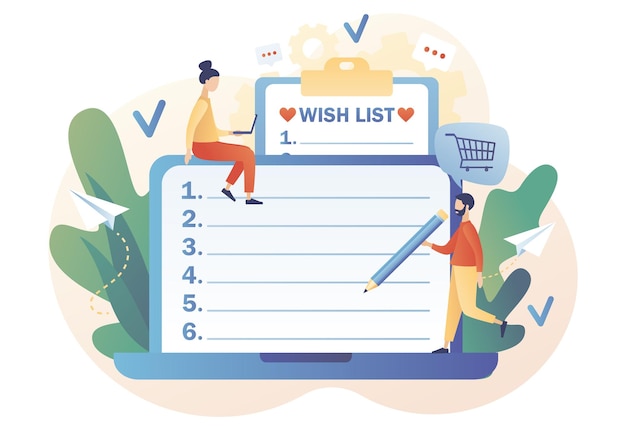 Wishlist online. Personal favourites list. Gift and shopping list. Tiny people writing down wishes