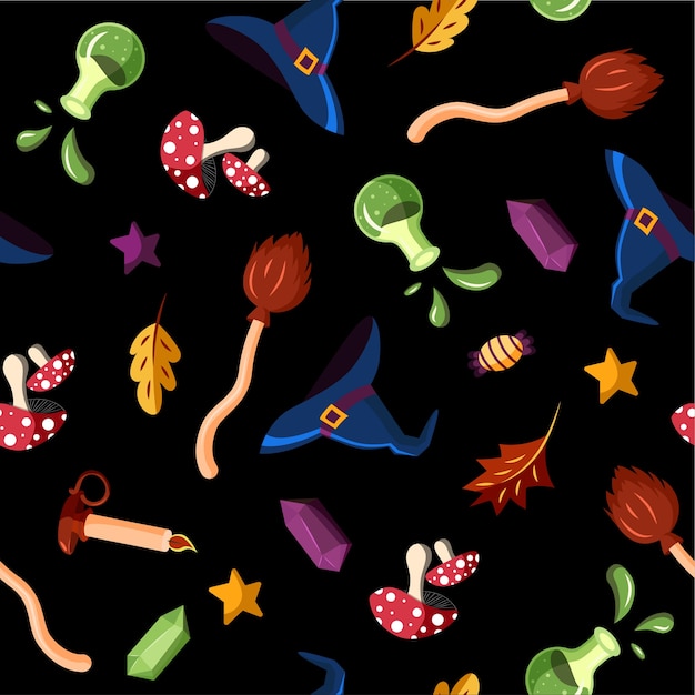 Witch accessories seamless pattern. Happy Halloween