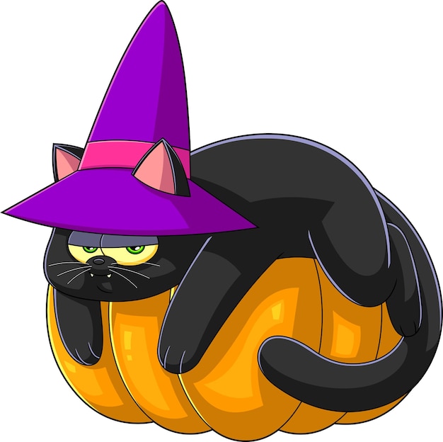 Witch Black Cat Cartoon Character Sitting On Pumpkin Vector Hand Drawn Illustration