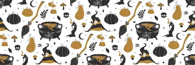 Witch black and gold seamless pattern Vector flat illustration Halloween background Witch vibes lettering and magic items Pattern for background printing on wrapping paper wallpaper or fabric