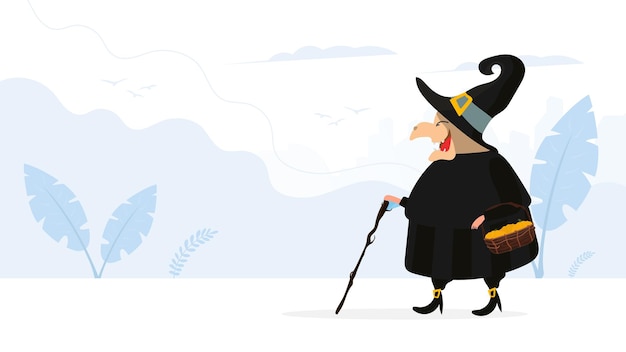 A witch in a black robe walks through the forest. Witch with a hat. Suitable for Halloween-themed designs. Isolated. Vector.