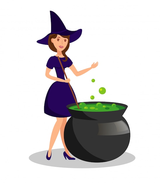 Witch Boiling Sorcery Potion Vector Illustration